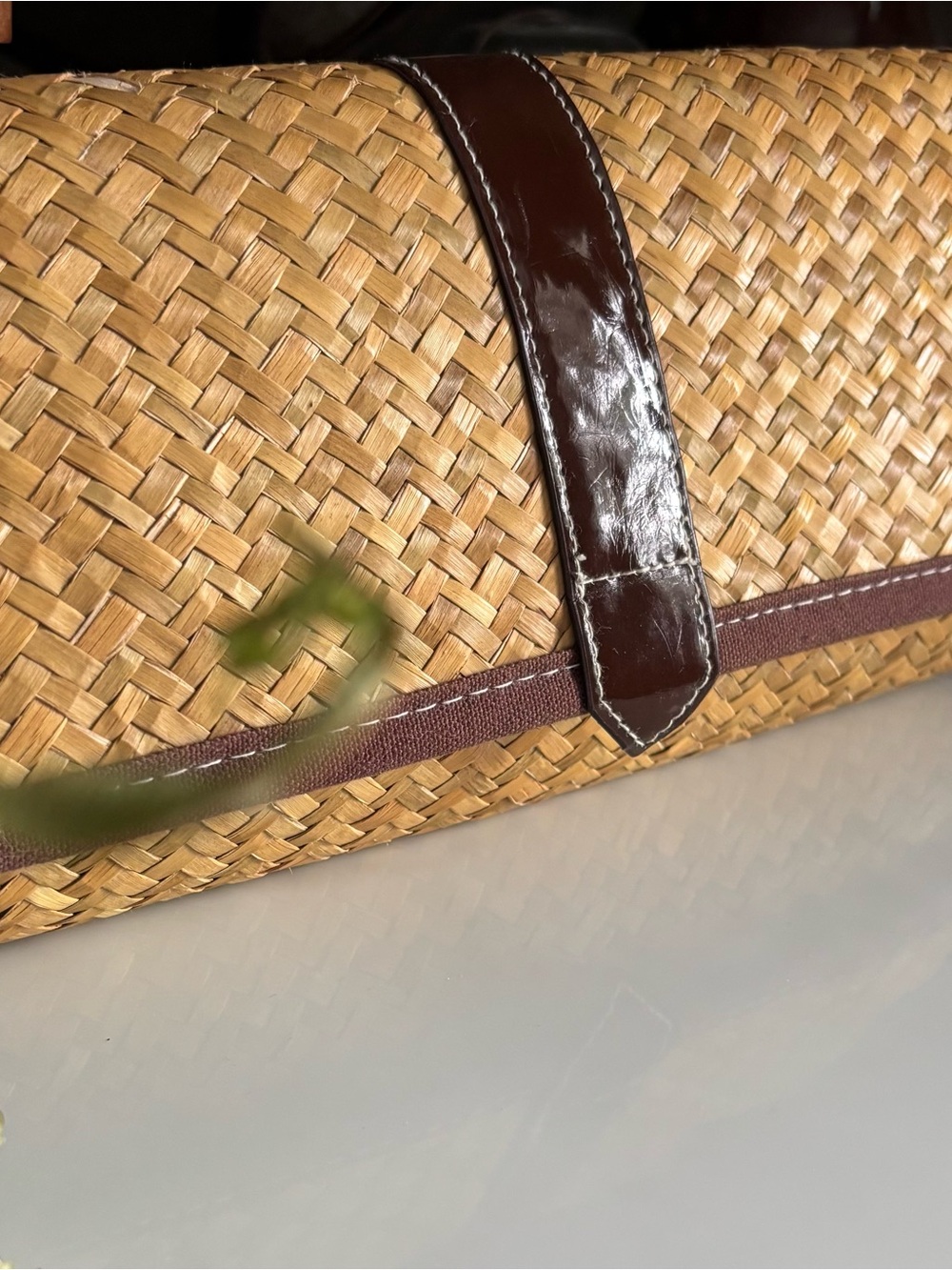 Woven Straw Clutch with Brown Trim